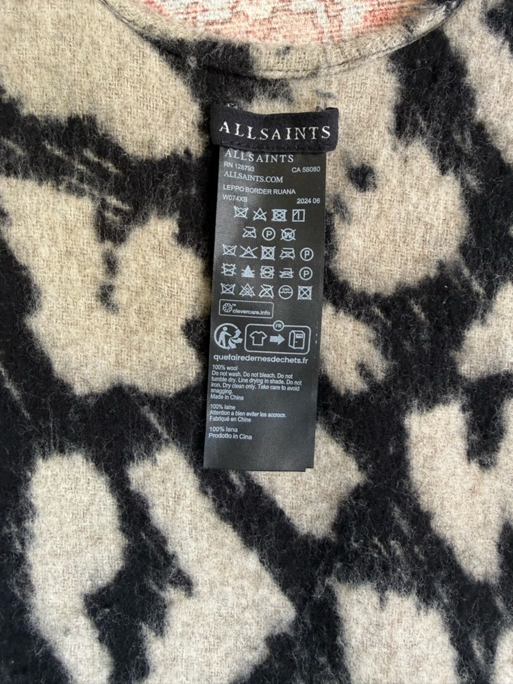 All Saints Black & Cream Leopard Print poncho style wrap - Picture 2 of 11